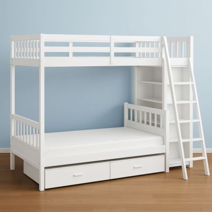 Letto a Castello per Bambini con Scala e Scaffale in Legno Massello Bianco 200x100x180 cm