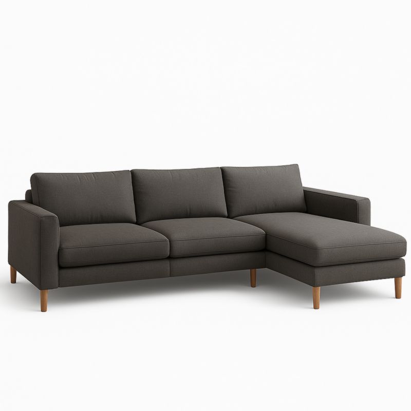 Divano angolare tessuto grigio scuro con chaise longue legno massello 300x200x85 cm