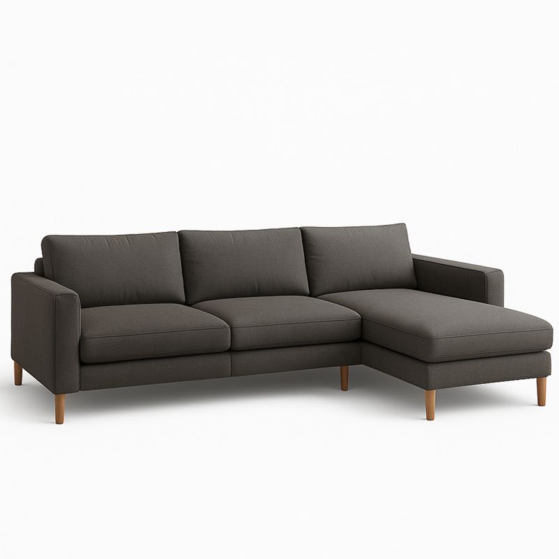 Divano angolare tessuto grigio scuro con chaise longue legno massello 300x200x85 cm