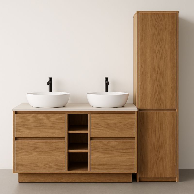 Mobile bagno in legno quercia con doppio lavabo ceramica e colonna alta