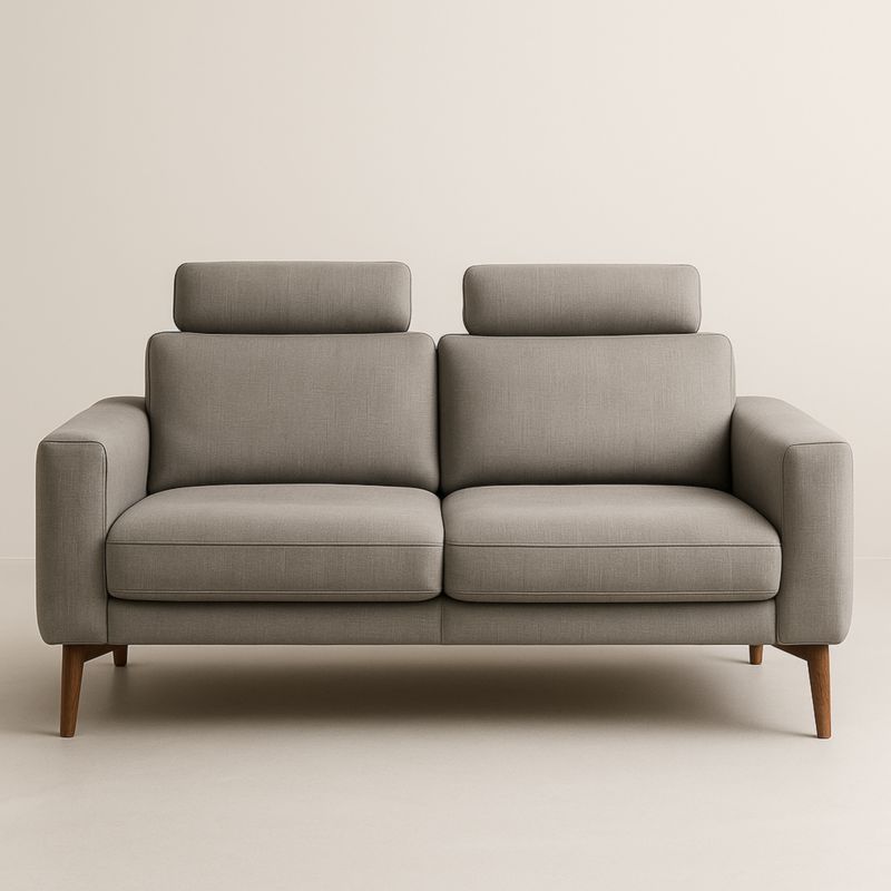 Divano a due posti in tessuto grigio con struttura in legno massello