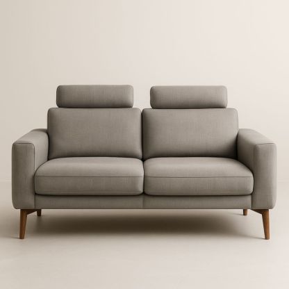 Divano a due posti in tessuto grigio con struttura in legno massello
