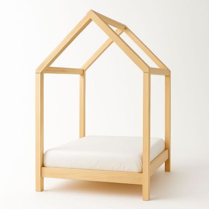 Letto per bambini a forma di casetta in pino, colore naturale
