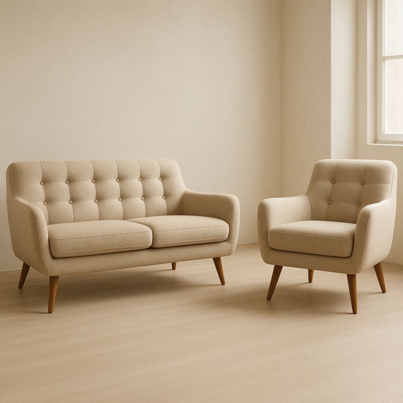 Divano e Poltrona Set Tessuto Beige con Gambe in Legno Design Confermato