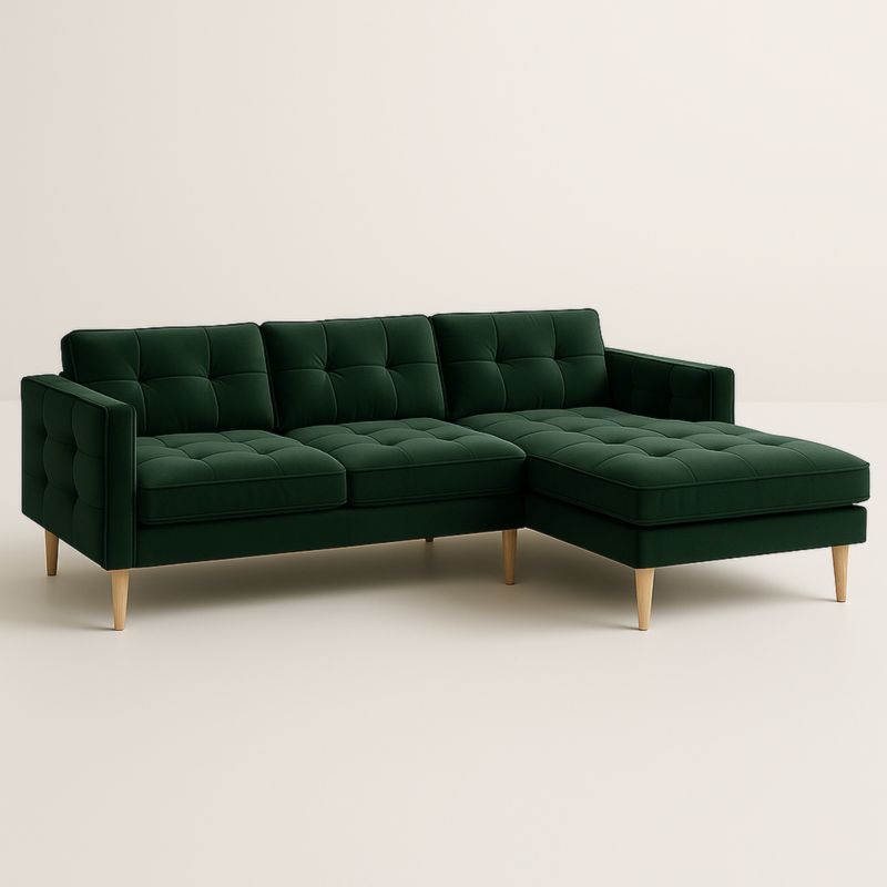 Divano angolare in tessuto verde velluto con gambe in legno 230x150x85cm