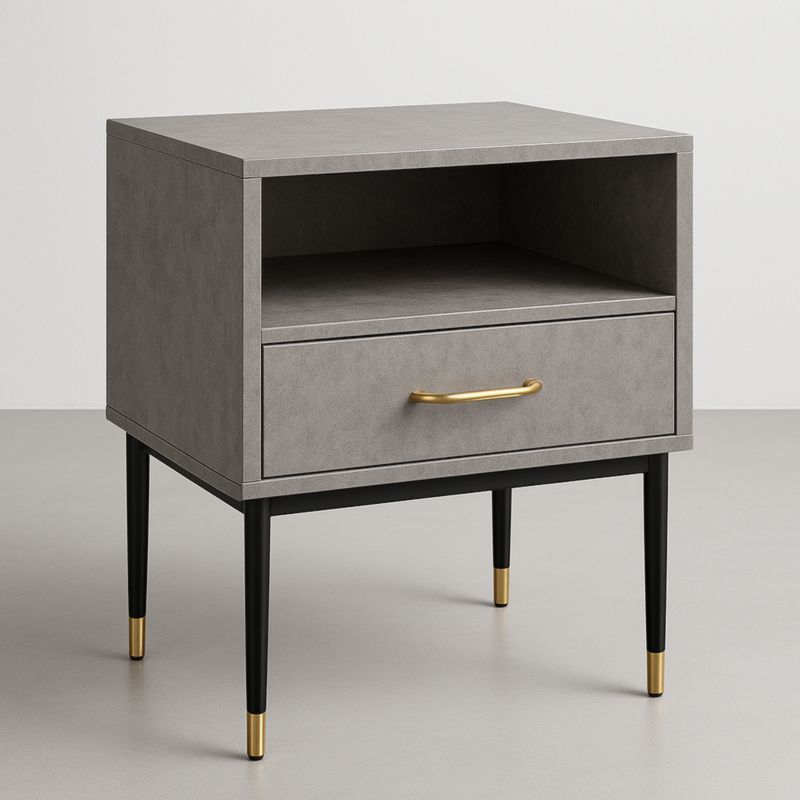 Comodino in MDF con gambe in metallo, cassetto e vano a giorno, nero/oro/grigio, 40 cm x 35 cm x 55 cm