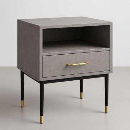 Comodino in MDF con gambe in metallo, cassetto e vano a giorno, nero/oro/grigio, 40 cm x 35 cm x 55 cm