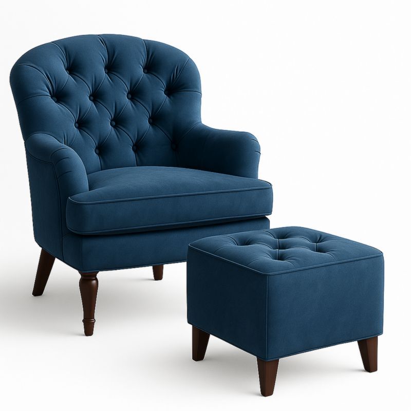 Poltrona con Poggiapiedi Set Tessuto Blu Gamba in Legno