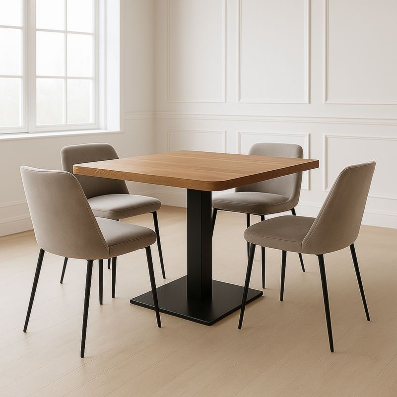 Tavolo quadrato in legno e metallo con sedie imbottite, marrone/beige