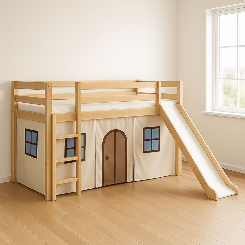 Letto a Castello con Scivolo in Legno di Pino e Tessuto Beige
