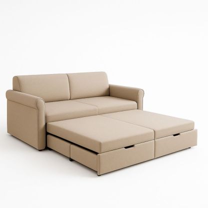 Divano Letto Convertible in Tessuto Beige con Cassetti 200x140x90 cm