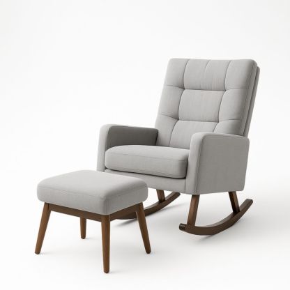 Set Poltrona a Dondolo e Poggiapiedi in Tessuto e Legno Grigio