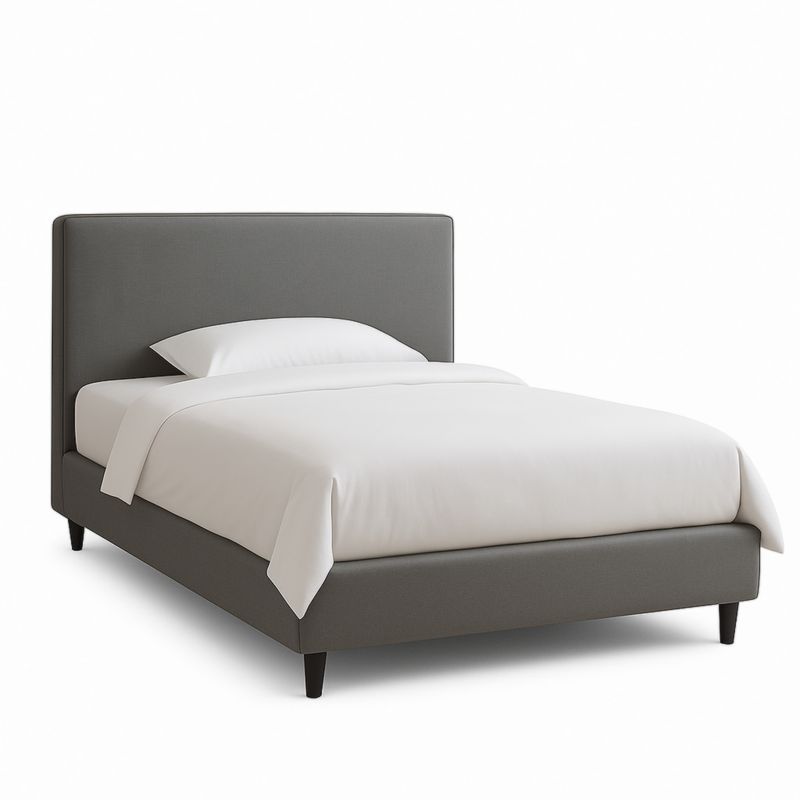 Letto singolo in tessuto grigio con struttura in legno e metallo