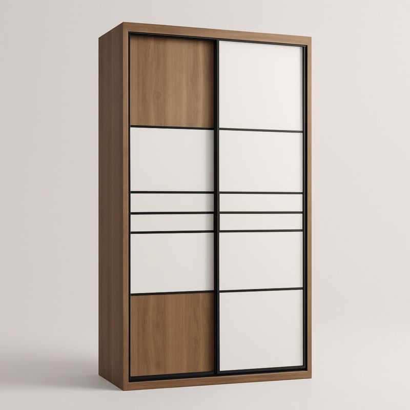 Armadio a Due Ante Scorrevoli in Legno Bianco/Nero/Rovere 200x120x60 cm