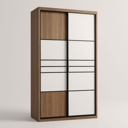 Armadio a Due Ante Scorrevoli in Legno Bianco/Nero/Rovere 200x120x60 cm