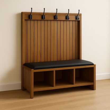 Panca ingresso con appendiabiti legno 5 ganci seduta imbottita nera