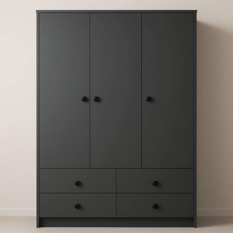 Armadio in MDF grigio-nero con tre ante e quattro cassetti