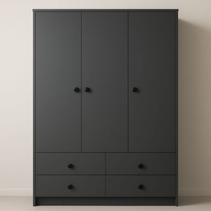 Armadio in MDF grigio-nero con tre ante e quattro cassetti