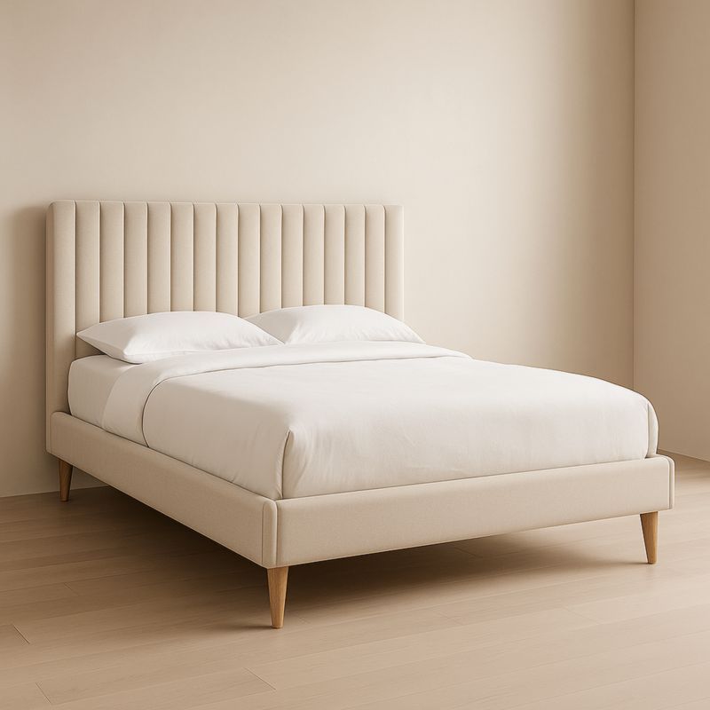 Letto imbottito matrimoniale beige con testiera in tessuto e gambe in legno