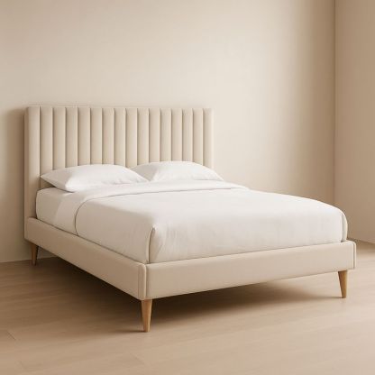 Letto imbottito matrimoniale beige con testiera in tessuto e gambe in legno