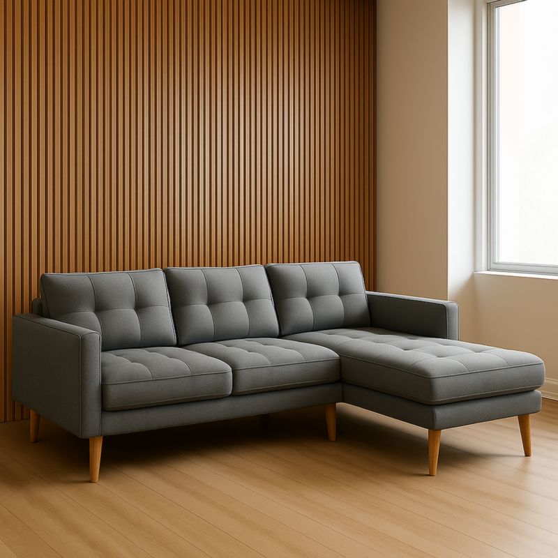 Divano angolare in tessuto poliestere trapuntato grigio 200cm x 150cm x 85cm