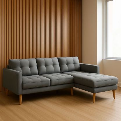 Divano angolare in tessuto poliestere trapuntato grigio 200cm x 150cm x 85cm