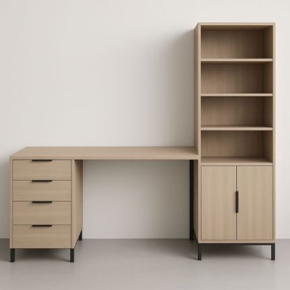 Scrivania angolare in legno con cassetti e libreria integrata 200x150x60cm