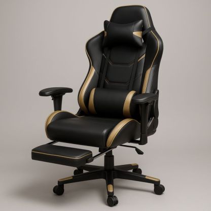 Sedia da gaming regolabile in pelle sintetica nera/oro con schienale alto, 56x59x125 cm