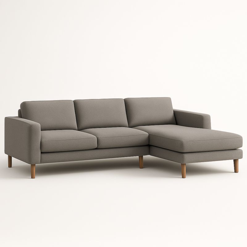 Divano a 3 posti a forma di L in tessuto grigio con chaise longue e gambe in legno