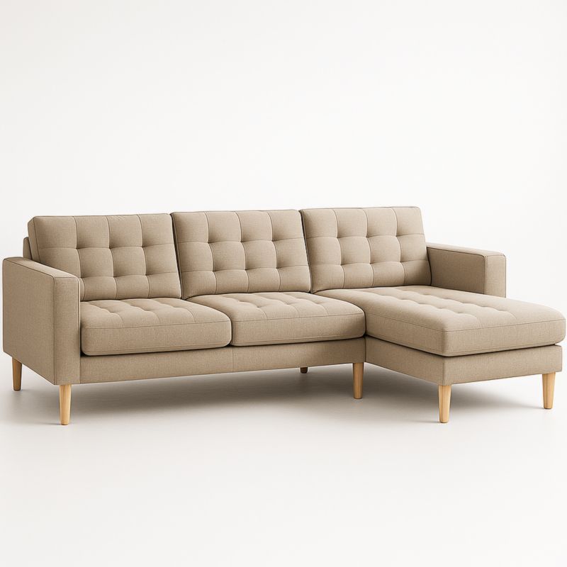 Divano angolare moderno in tessuto poliestere beige con gambe in legno massello