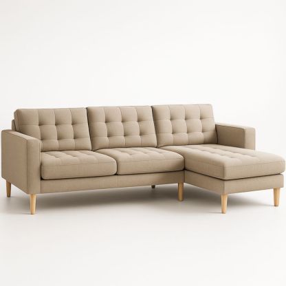 Divano angolare moderno in tessuto poliestere beige con gambe in legno massello