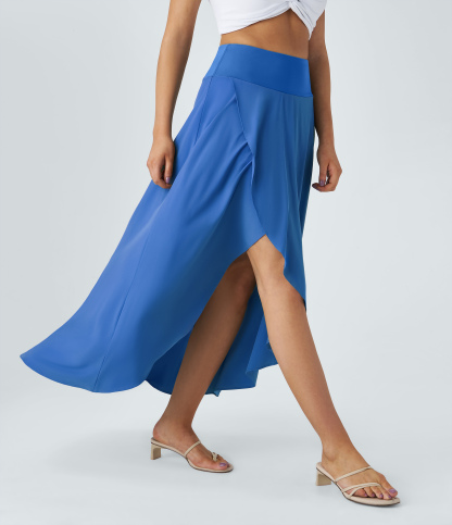 High Waisted High Low Ruffle 2-in-1 Flowy Quick Dry Casual Regular Maxi Skirt