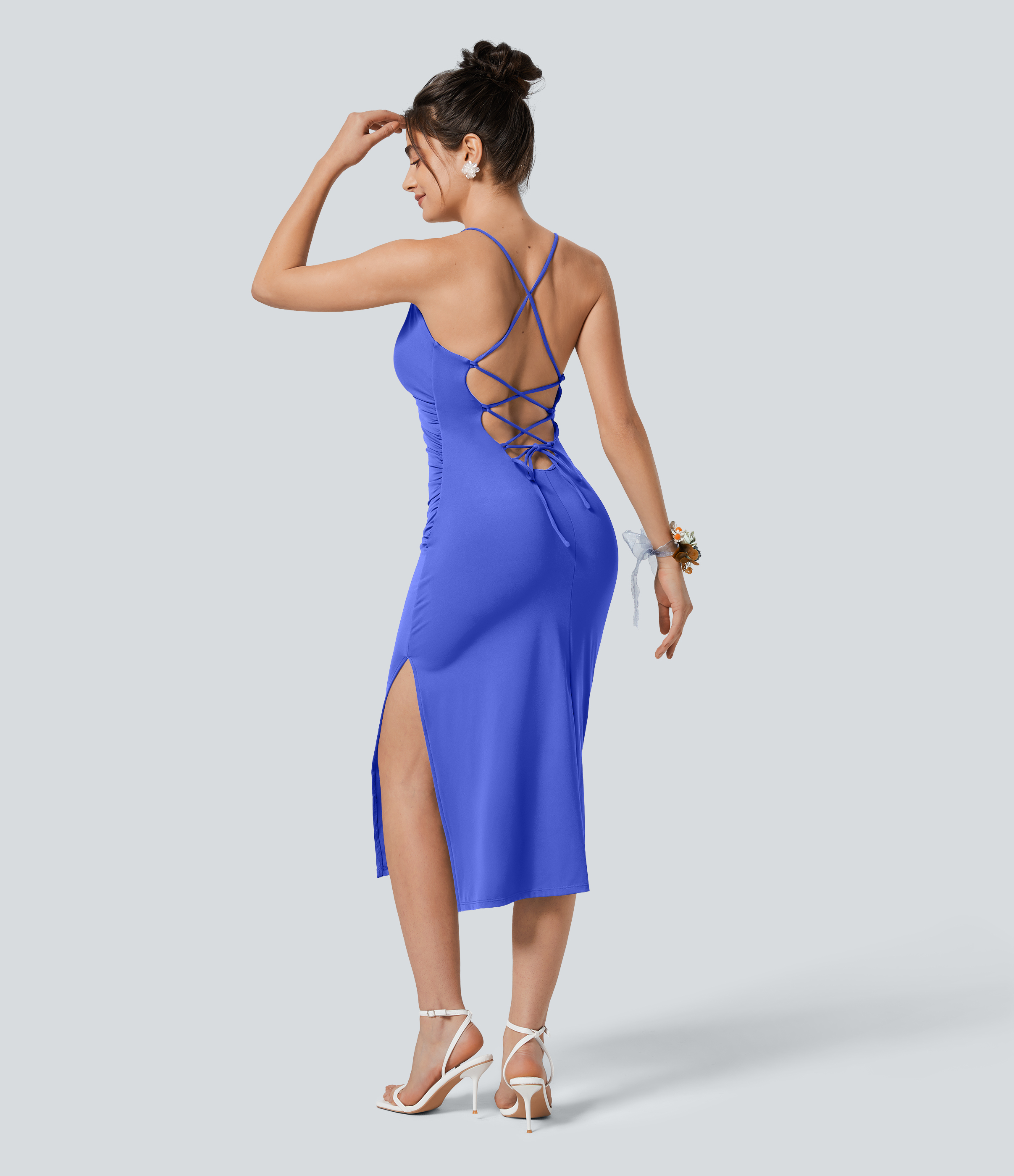 Airy Crossover Ruched Lace Up Bodycon Cool Touch Dress-UPF50+