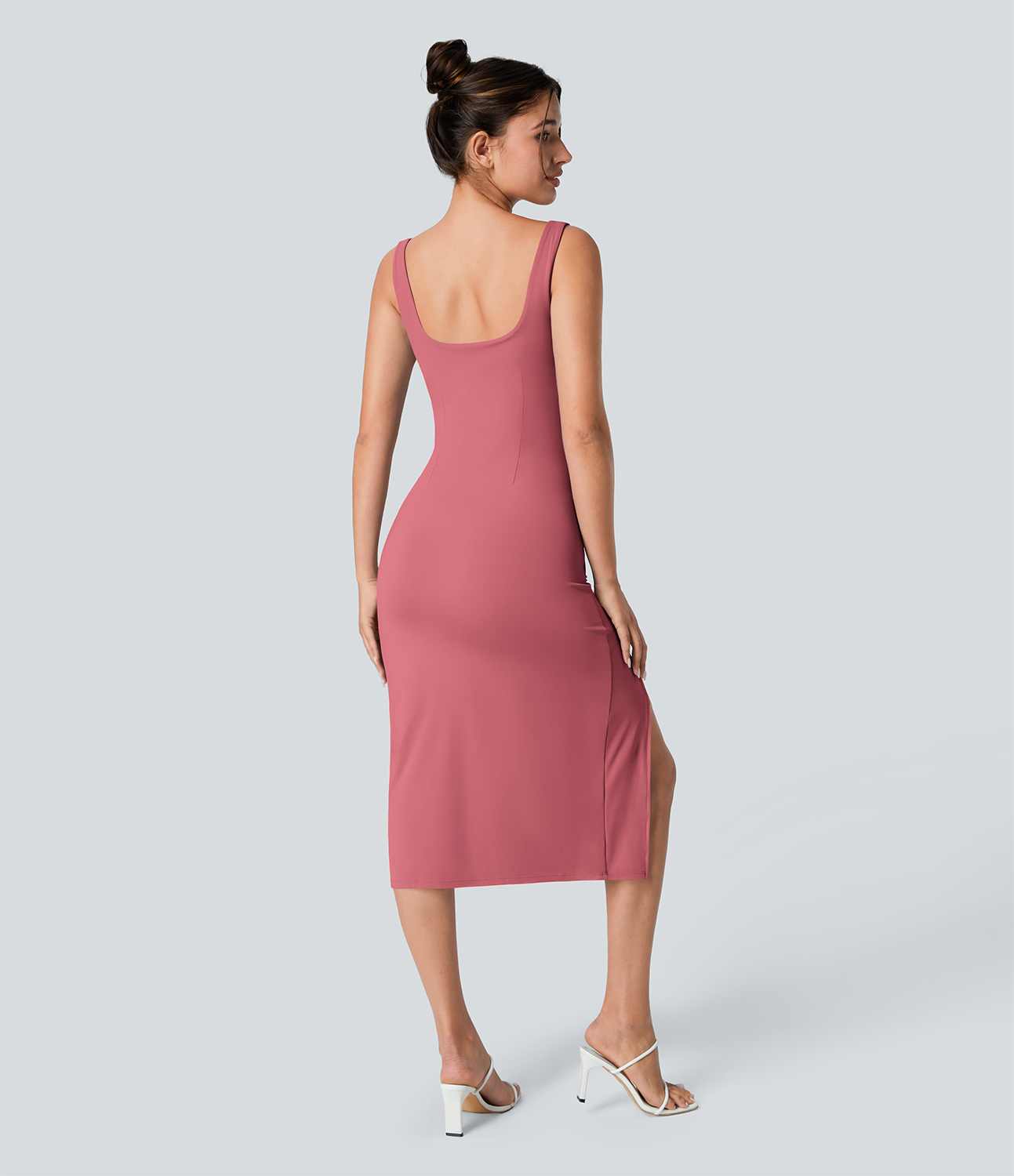 Airy Square Neck Backless Corset Ruched Split Bodycon Midi Cool Touch Bridesmaid and Wedding Guest Dress