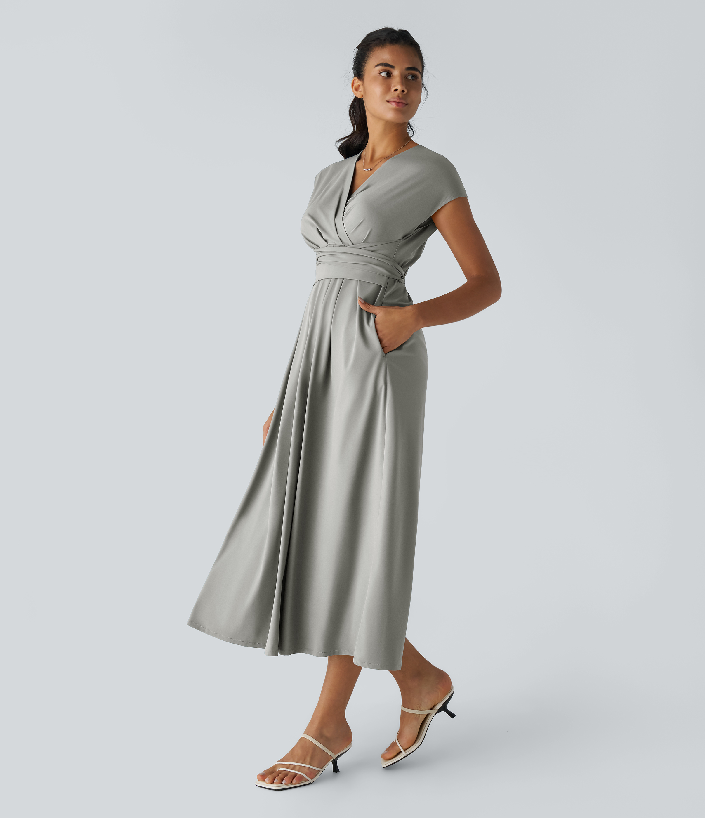 V Neck Short Sleeve Pocket Tie Back Quick Dry Midi Casual Dress-Longer Length