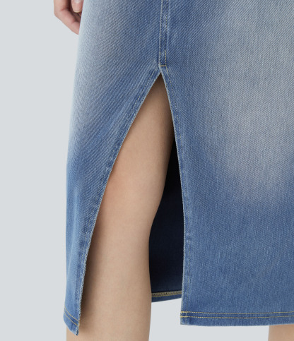 High Waisted Pockets Bodycon Washed Denim Casual Midi Skirt