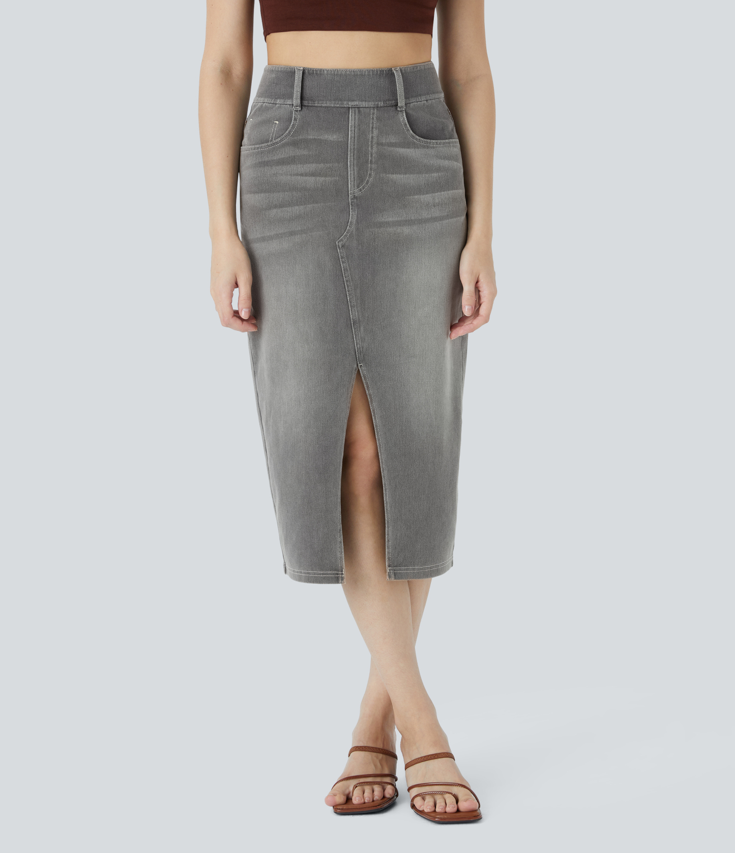 High Waisted Pockets Bodycon Washed Denim Casual Midi Skirt