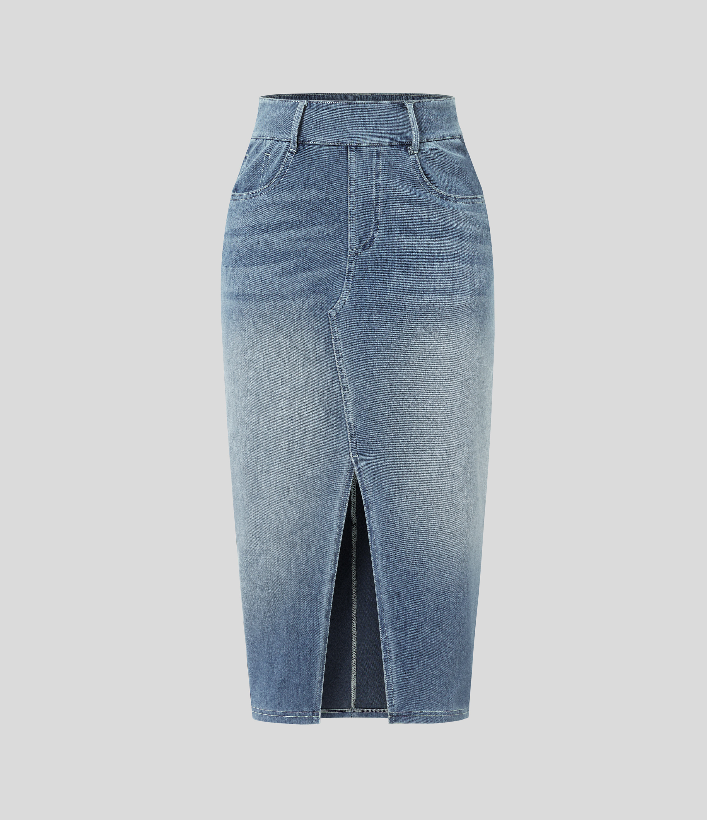 High Waisted Pockets Bodycon Washed Denim Casual Midi Skirt