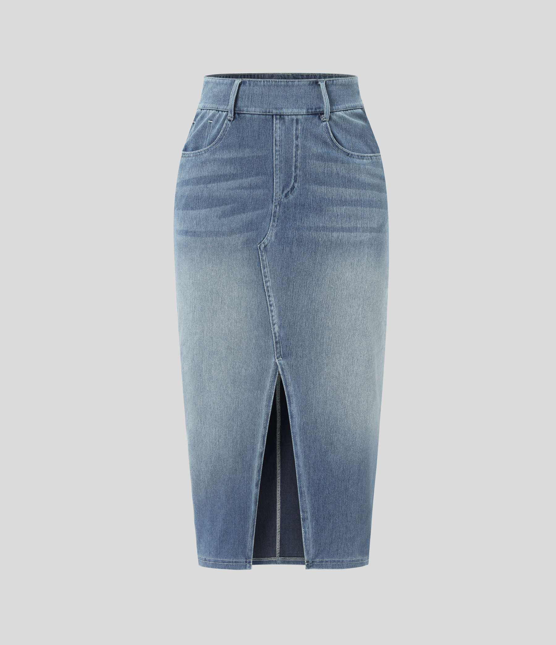 High Waisted Pockets Bodycon Washed Denim Casual Midi Skirt