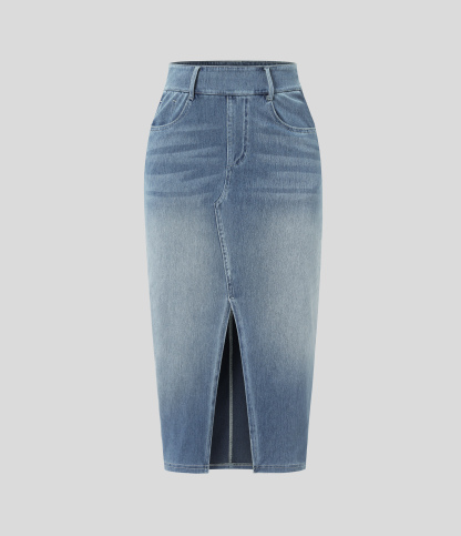 High Waisted Pockets Bodycon Washed Denim Casual Midi Skirt