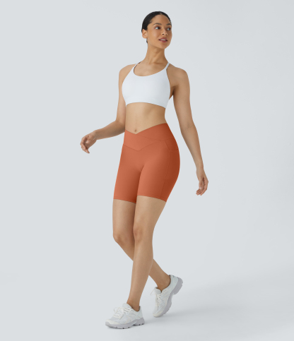 High Waisted Crossover Pocket Yoga Biker Shorts 7"-UPF50+