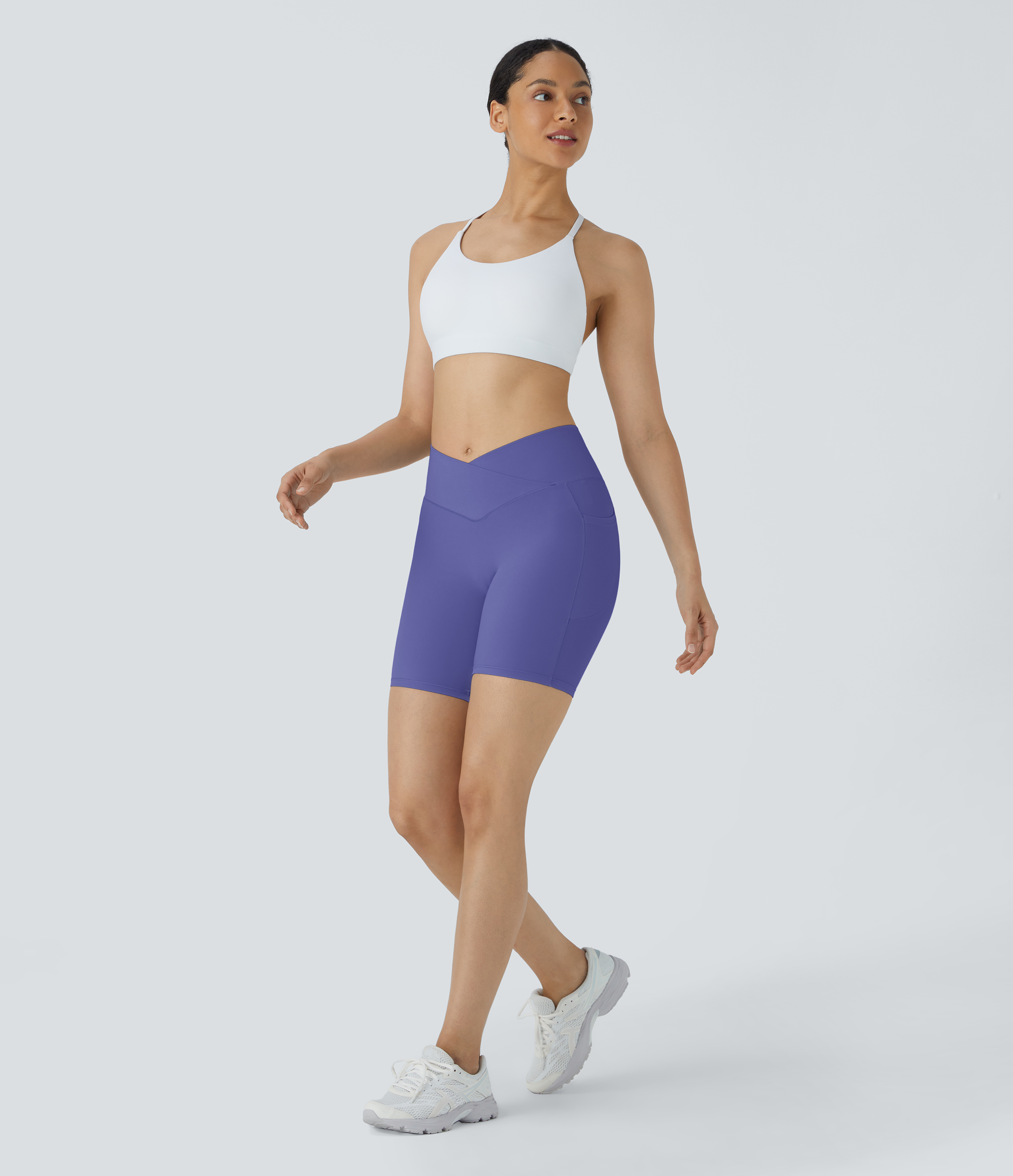 High Waisted Crossover Pocket Yoga Biker Shorts 7"-UPF50+