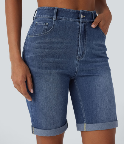High Waisted Pockets Rolled Hem Washed Denim Casual Bermuda Shorts