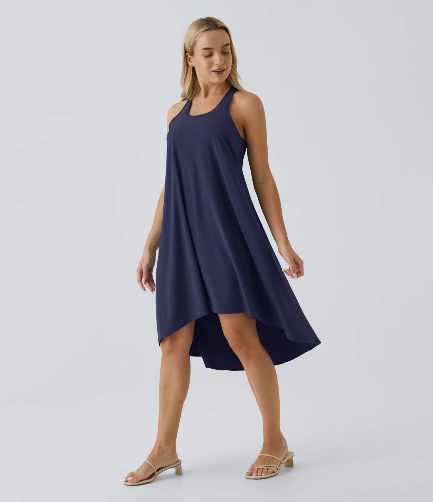 Backless Racerback Side Pocket High Low Flowy Midi Quick Dry Casual Dress