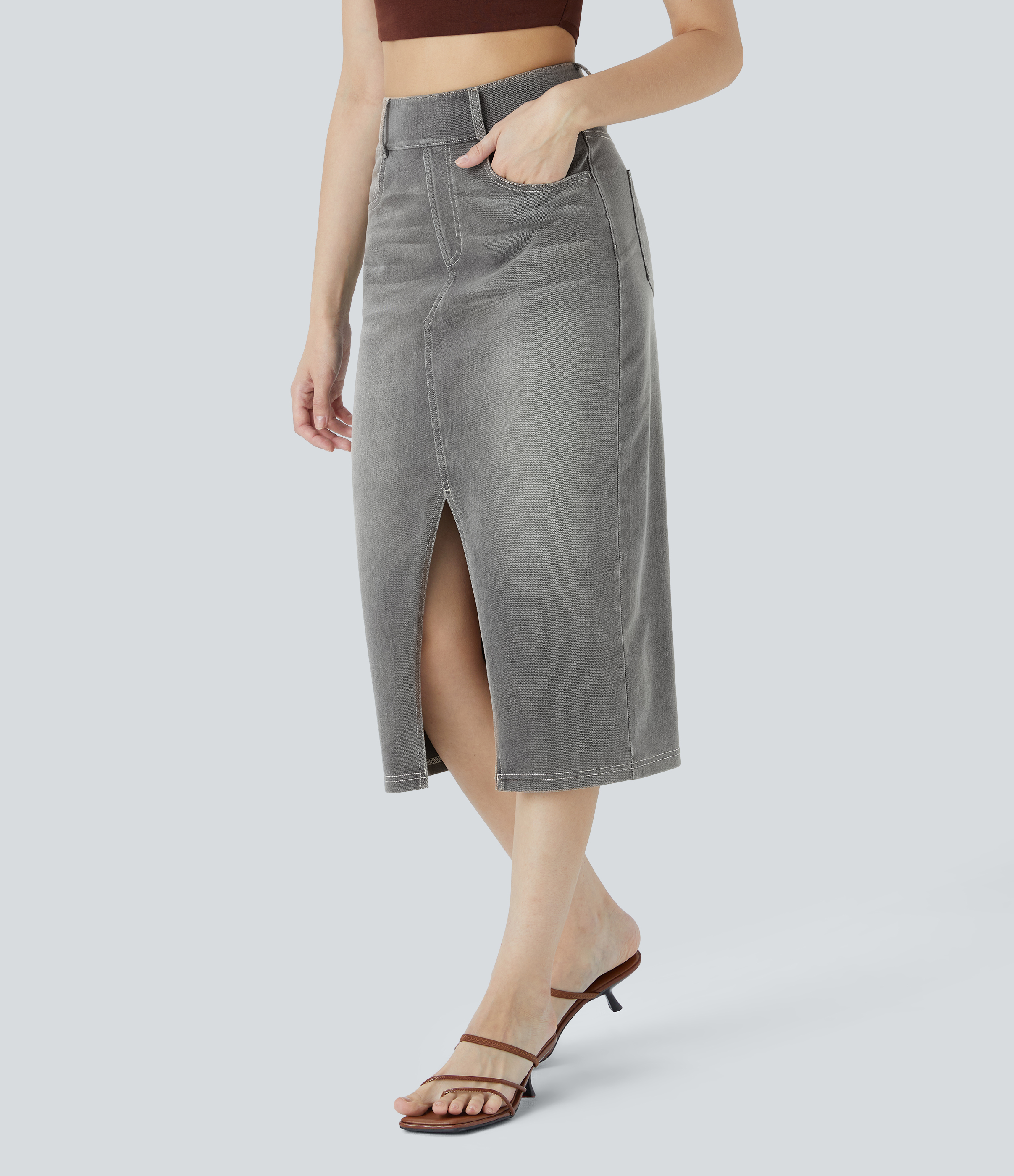 High Waisted Pockets Bodycon Washed Denim Casual Midi Skirt