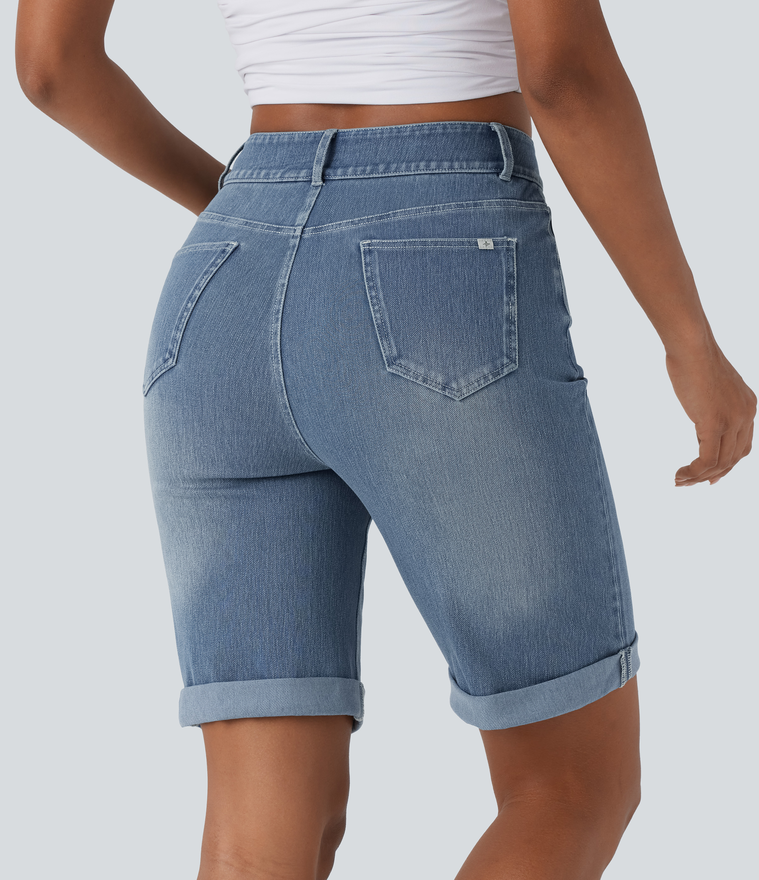 High Waisted Pockets Rolled Hem Washed Denim Casual Bermuda Shorts