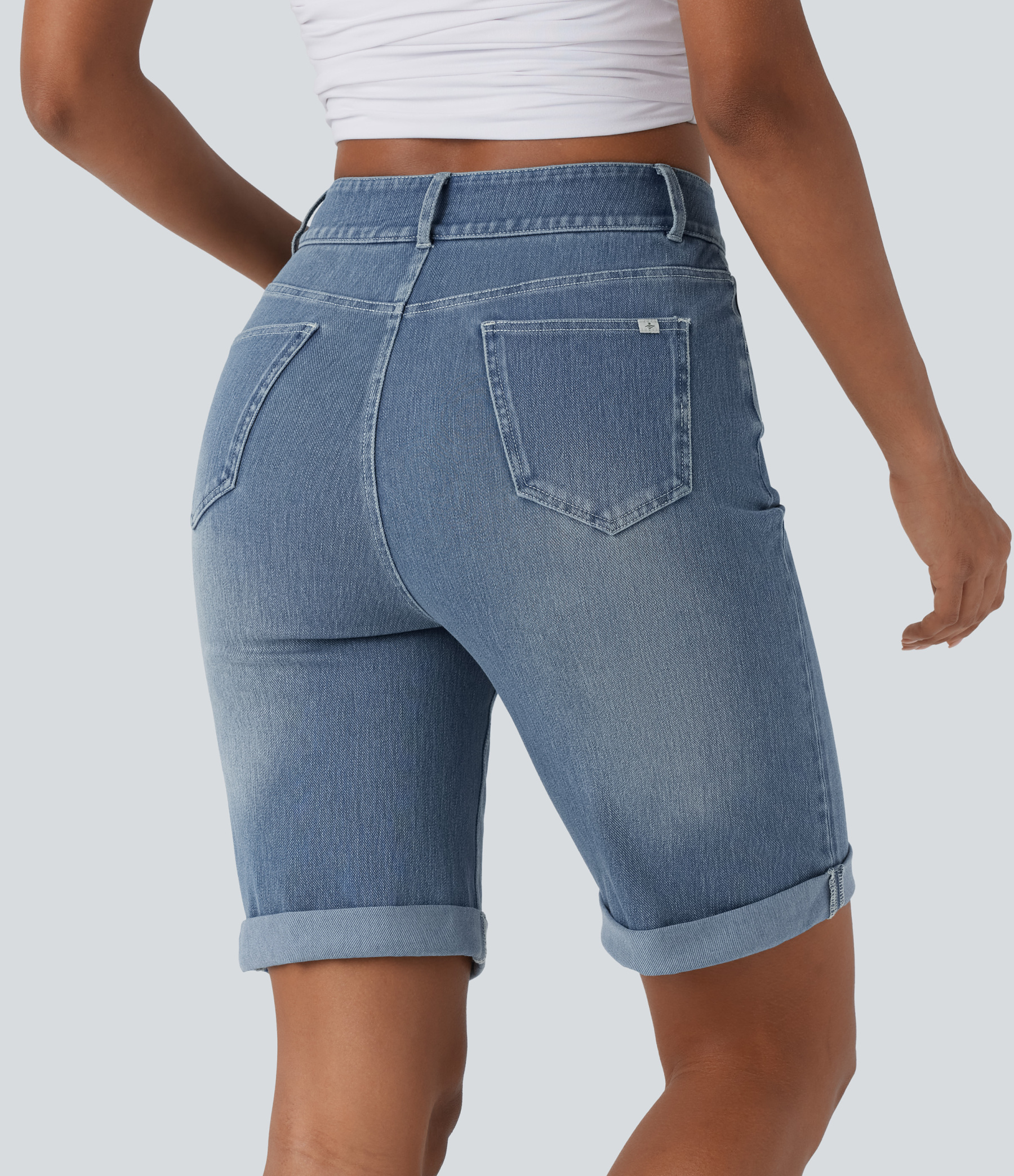 High Waisted Pockets Rolled Hem Washed Denim Casual Bermuda Shorts