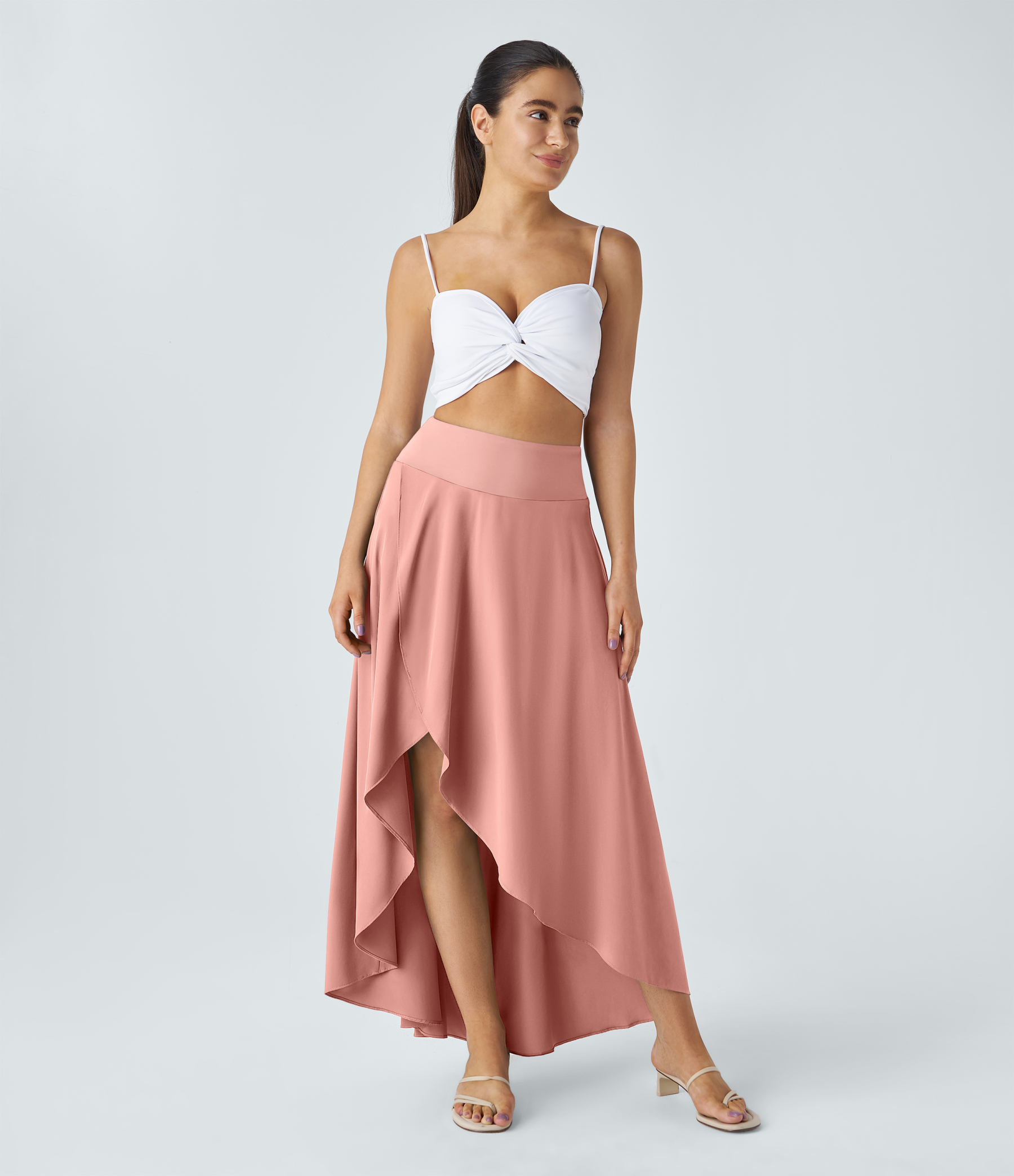 High Waisted High Low Ruffle 2-in-1 Flowy Quick Dry Casual Regular Maxi Skirt
