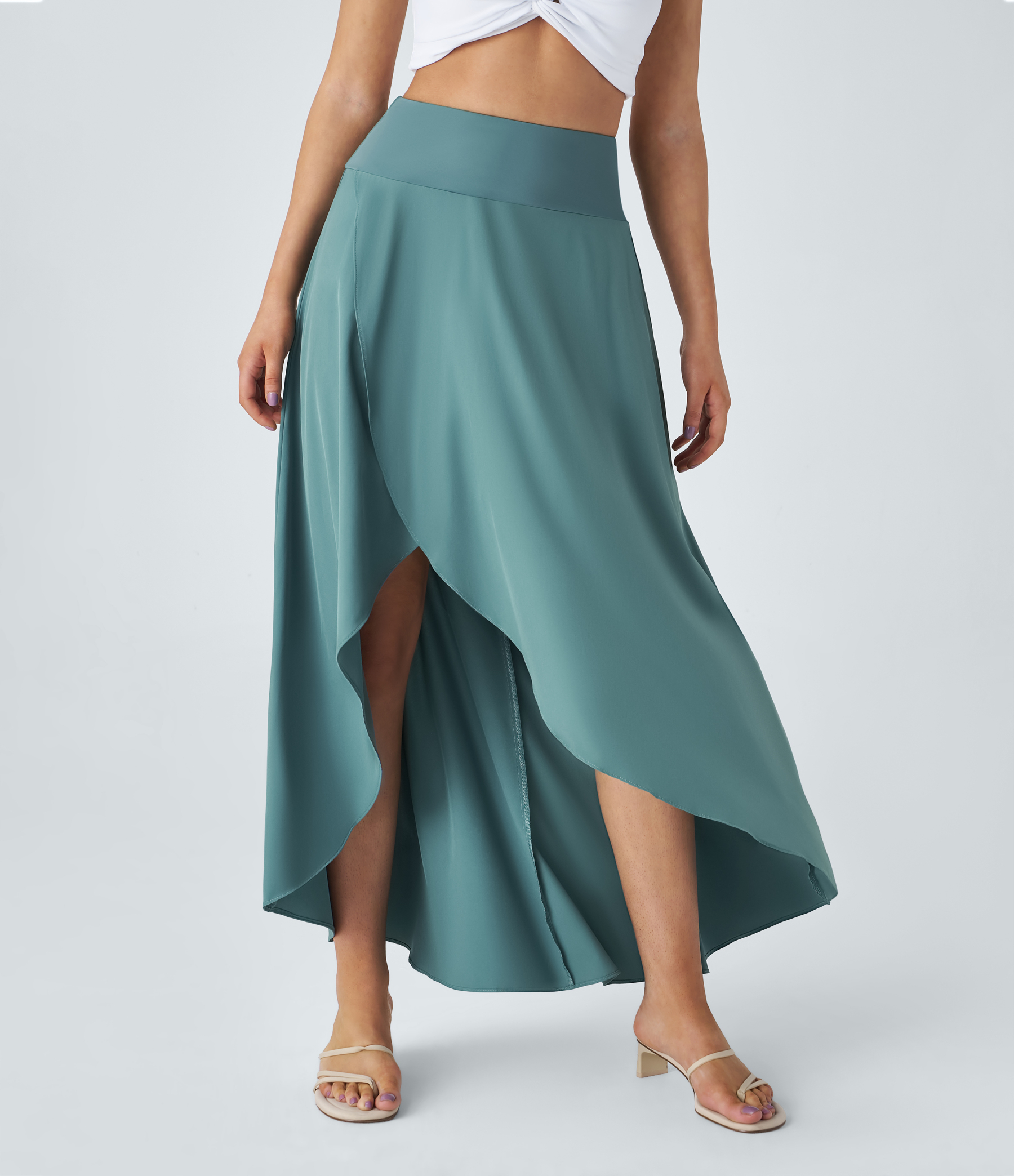 High Waisted High Low Ruffle 2-in-1 Flowy Quick Dry Casual Regular Maxi Skirt