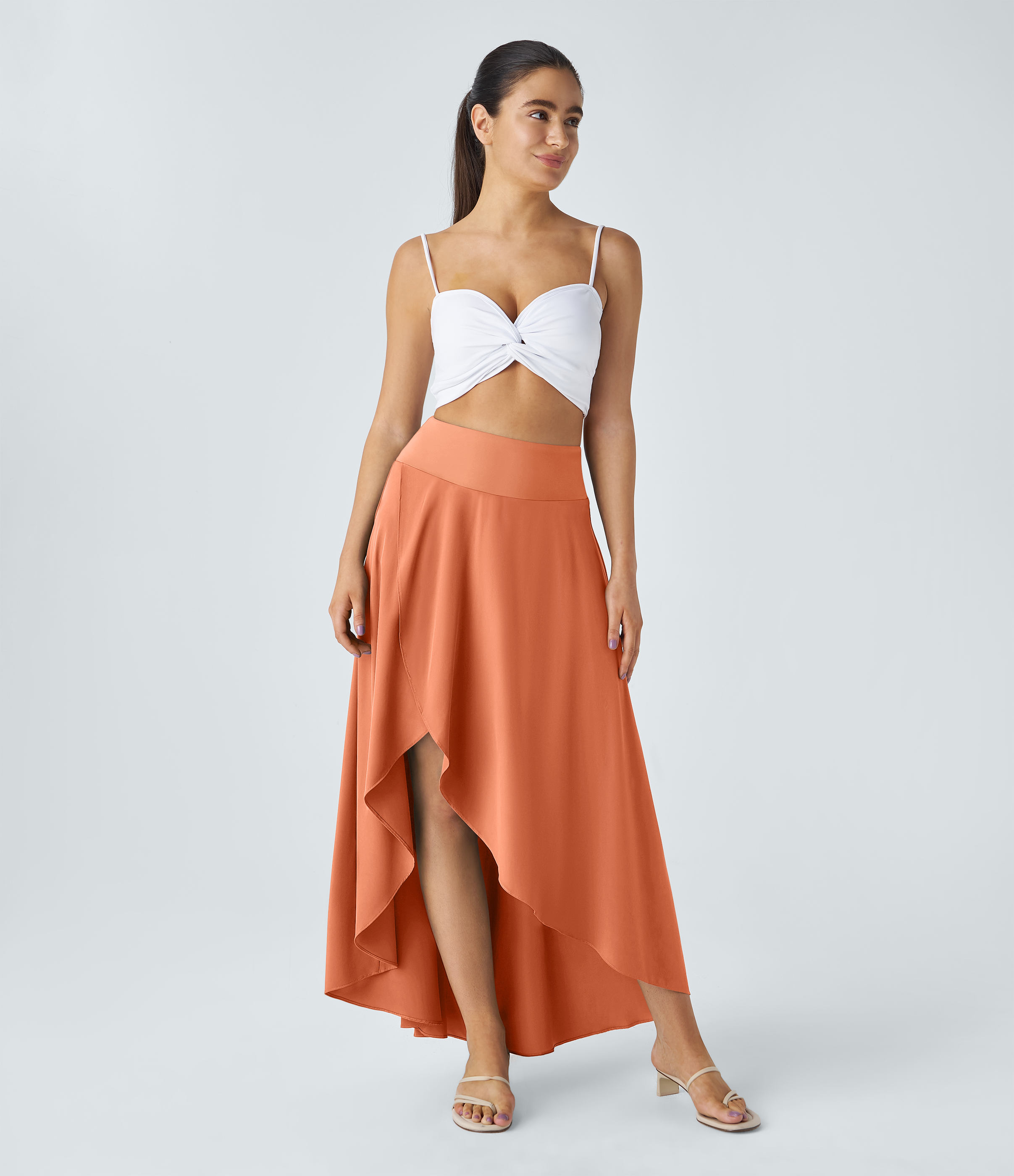 High Waisted High Low Ruffle 2-in-1 Flowy Quick Dry Casual Regular Maxi Skirt